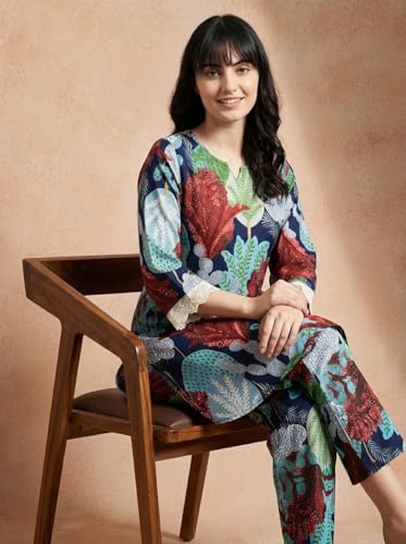 Image of Bee M Pee Designer Trendy Floral Printed Poly Rayon Cotton Kurta Coord Sets for Women | Stylish Casual Kurti Tunic Cord Set with Pant for Woman for Office