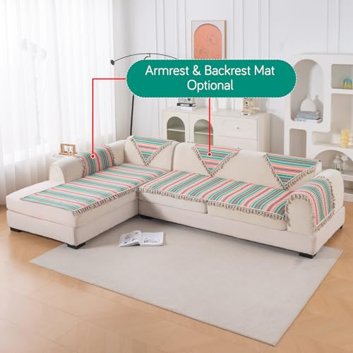 Image of HOKIPO 'Artisan Boho Series' L Shape (3+2 Seater) Seat Mat for Sofa | Thick 450 GSM Cotton Acrylic Jacquard Fabric Cover with Tassel, Mint Green (IN-904+903-A7)