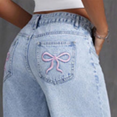 Baggy Jeans for Girls Cute Wide Leg Bow High Elastic Waisted Denim Pants Y2K Skater Tween Girl Clothes Streetwear4