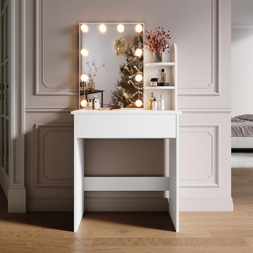 SONNI Toeletta Trucco, comò con Cassetti con Lampadine LED a 3 colori, Toeletta da Trucco Salvaspazio(70x40x140cm-Bianco LED)