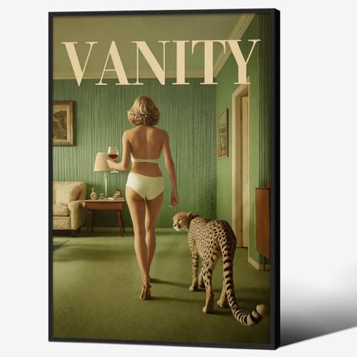 Fashion Woman With Cheetah Poster Green Trendy Magazine Canvas Wall