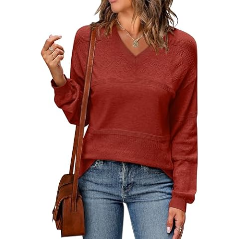WIHOLL Womens Sweaters Loose Fit Lightweight Long Sleeve Shirts V Neck Crochet Sweater Cable Knit Pullover Tops Fashion Fall Outfits for Women 2024 Wine Red L Cover
