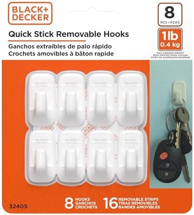 Black+Decker Solid Wall Hooks, Quick Stick Adhesive, Removeable, 8 Wall Hooks, 16 Adhesive Strips, Hang Decorations Without Damaging Walls, up to 1 lb., Clear image 4