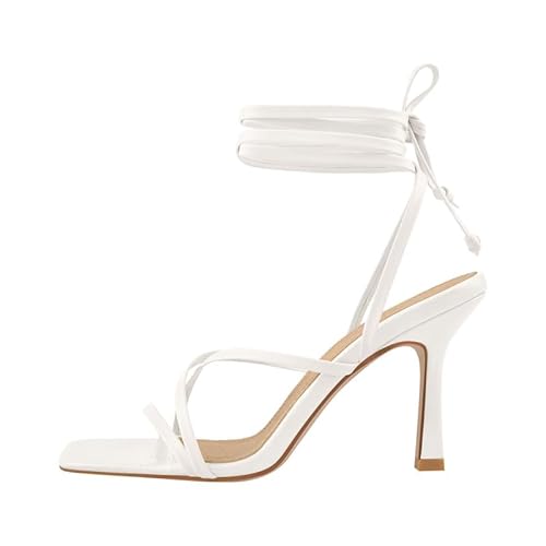 onlymakerheels Ankle Strap Square Toe Stiletto High Sandals White Size8