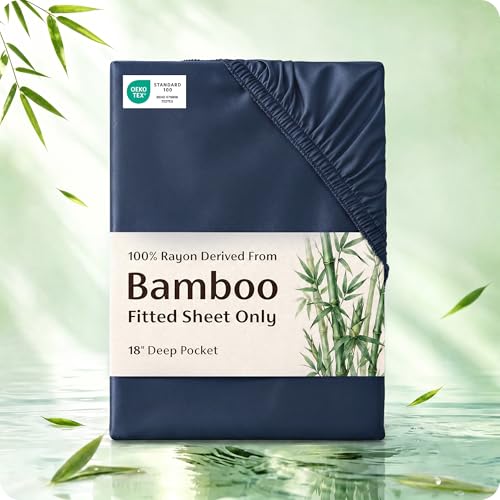 Image of Bedsure PureWoven Full Size Fitted Sheet, 100% Rayon Derived from Bamboo | Cooling Bottom Sheet for Hot Sleepers, Breathable & Soft, Deep Pocket Up to 18 inch, Secure Elastic Corner Straps, Navy