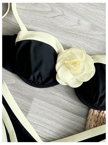 GORGLITTER Women's Two Piece 3D Flower Bikini Sets Contrast Binding High Cut Thong Swimsuits4