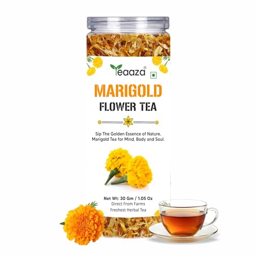 Image of TEAAZA Marigold Flower Tea|Natural Sun Dried Marigold Flower|RELIEVES PAIN|Caffeine Free - Flower Based - Herbal Tea - Gluten Free - Non - Bitter|Marigold Tea Leaves-30 Grams,60 Cups|Reusable Pet Jar