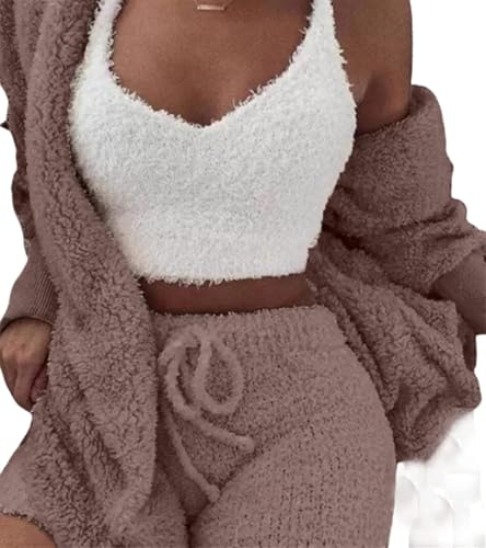 DIVAND Damen Casual 3-Teiliges Set Fluffy Plüsch Pyjama Langarm Samt Kapuzenjacke Mantel + Shorts + Crop Top Mode Winter Warm Halten Trainingsanzug,A,L