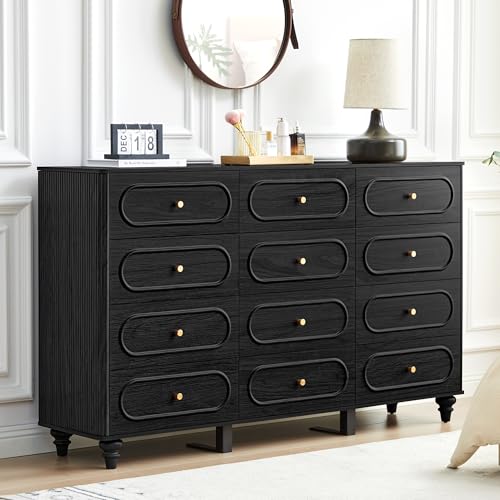 12 Drawer Fluted Dresser for Bedroom, Mid Century Modern Chest of Drawers, Wood Storage Small Dresser Organizer for Bedroom Living Room Hallway Closet, Black
