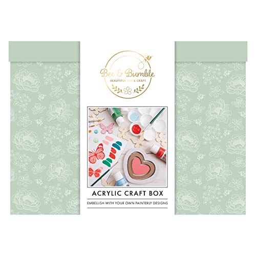 Bee & Bumble Art Acrylic Craft Box, 57ml Acrylic Paint, Butterfly Wooden Shapes, Nesting Hearts, Paint Brushes, Petal Mixing Palette, For Adults, Childrens, Older Kids, Professional Or Budding Artists