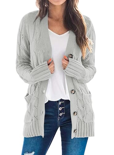PRETTYGARDEN Women's Open Front Cardigan Sweaters Fall Fashion Button Down Cable Knit Chunky Winter Clothing Outerwear Coats (Grey,Large)