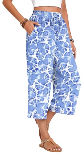 Anyhold Womens Plus Size Capri Pants Loose High Waisted Wide Leg Lounge Pants Drawstring Casual Palazzo Trousers with Pockets 2X-Large, Tie-Dye Blue2