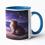 Krebs Katze Tasse Sternzeichen Krebs Katzenmotiv Astrologie Horoskop Geschenk Kaffeetasse Keramik Mug Cup Katzenfreund Schmusetiger Büro Tasse 330ml Büro Mug Cup Tier Haustier Kitten (02 blau)