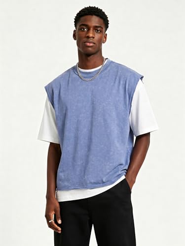 PLEPAN Men's Cropped Cotton Washed Tank Tops Comfort Drop Arm Sleeveless Tee Shirts Casual T Shirts Sky Blue XX-Large — view 3