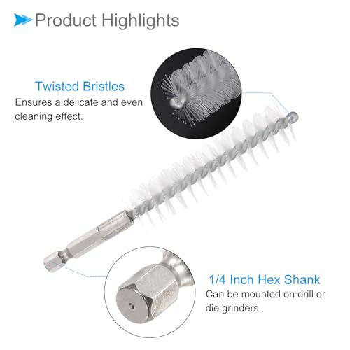 Image of Bore Brush, 19mm Dia 75mm Length, Nylon Twisted Cleaning Wire Brushes with 1 /4 inch Hex Shank - (Applications: for Power Drill), 2-Pieces