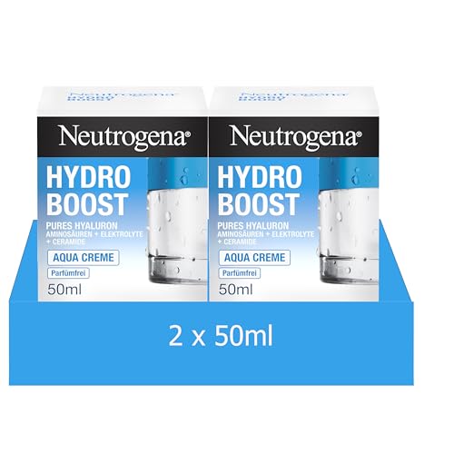 Neutrogena Hydro Boost Aqua Creme, parfümfreie Gesichtscreme mit Hyaluronsäure, Aminosäuren, Elektrolyten & Ceramiden, intensive Gesichtspflege für glatte & geschmeidige Haut (2x50 ml)
