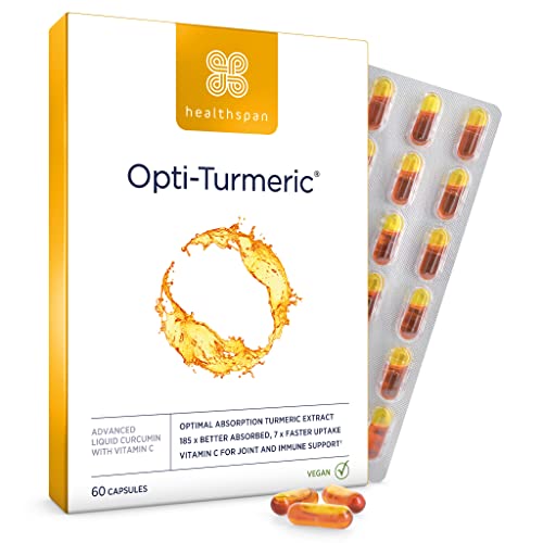 Healthspan Opti-Turmeric | hochfestes flüssiges Curcumin mit 500 mg | unterstützt Knorpelbildung | Superfood | 185-mal besser absorbiert und 7 mal schneller als Standard-Kurkuma | Vegan (60 Kapseln)