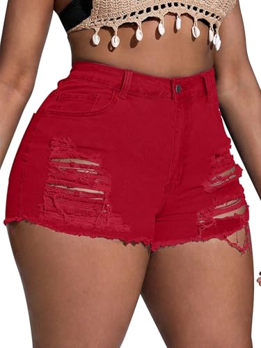ALLABREVE Plus Size Stretchy Denim Womens Shorts Jean Breathable High Waisted Ripped Frayed Hem Casual Summer Hot Jorts with Pockets for Curvy Fit Red