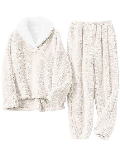 Springrain Fluffy Pajamas Set for Women Warm Fleece Pjs Set Pullover Pants Fuzzy Lounge Set
