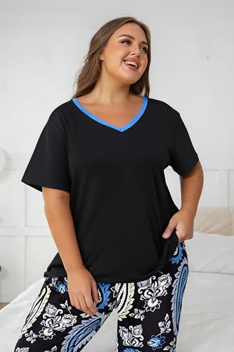 Image of Vozanet Women's Pajama Sets Short Sleeve with Long Pant Soft Sleepwear Printed pj Loungewear With TWO Pockets Size 1X to 5X