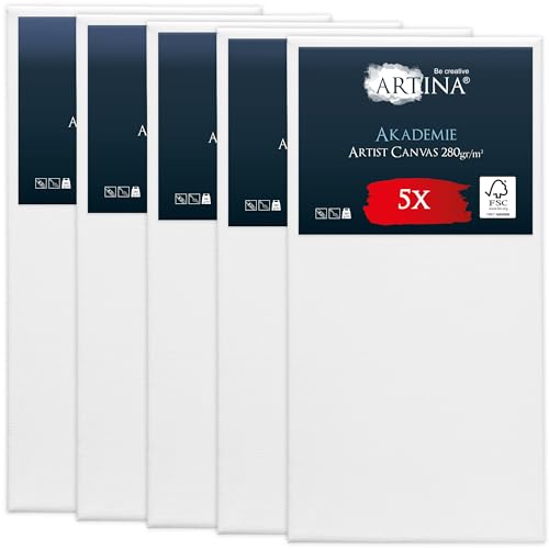 Artina Set de 5 Lienzos para Pintar 50x100 cm – 100% Algodón 280g/m² – Lienzo Blanco para Pintar con Bastidores de Madera FSC® Canvas Lienzo para Pintar – Tela de Lienzo Akademie