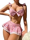 BEAUDRM Women's 2 Piece Floral Print Bikini Sets with Frill Trim Skort Swimsuit Bathing Suit Beachwear Pink Large