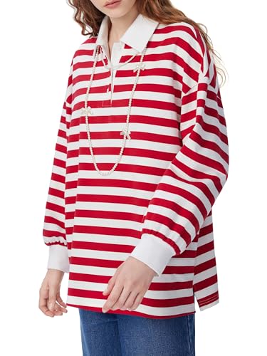 CIDER Women's Striped Polo Sweatshirt Long Sleeve Y2k Rugby Shirts Casual Oversized Pullover Vintage Fall Streetwear4