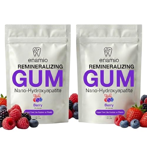 Image of Enamio Berry Remineralizing Gum, Sugar Free Xylitol Gum with Nano Hydroxyapatite, Supports Fresh Breath and Oral Health, Chicle Tree Sap Base, Made in USA, No Sucralose or Aspartame, 2 Pack