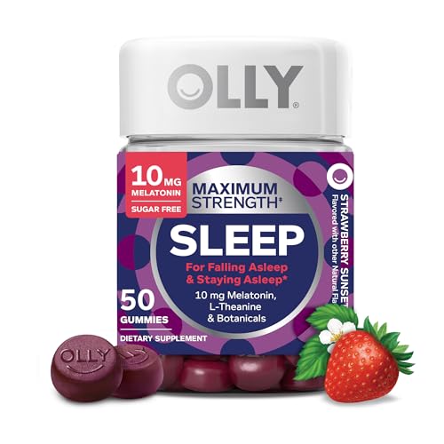 OLLY Max Strength Sleep Gummy, 10mg Melatonin, L-Theanine, Chamomile, Lemon Balm, Sugar Free, Vegetarian Sleep Aid, Strawberry – 50 Count
