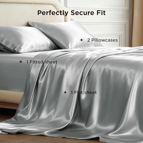 Image of Bedsure Grey Satin Sheets King Size, Soft Silky Bedsheets for Hair & Skin