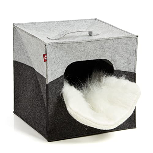 CanadianCat Company | Katzenhöhle Katzenbox aus Filz, passend für IKEA Regal Kallax und Expedit, Katzenhaus inkl. 2-Funktion-Wendekissen, hellgrau/dunkelgrau, ca. 33 x 33 x 33 cm
