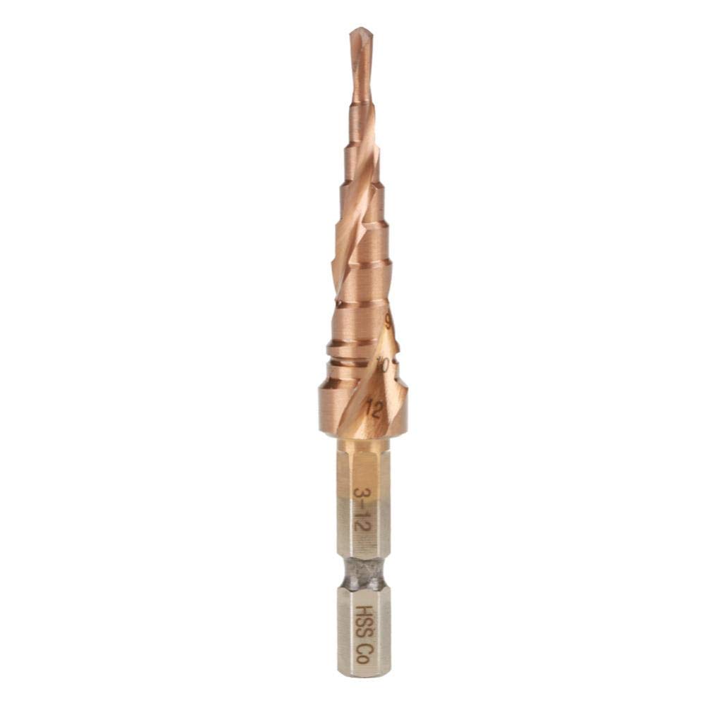 Cobalt Steel Step Drill, 3-12Mm 10 Steps Hss High Speed Steel Step Cone Drill Bit with Dual Spiral Flutes and 1/4 Inch Hex Shank for Wood Sheet Metal Precision Drilling