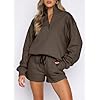 Aleumdr Women Two Piece Sweat Set 2024 Fall Clothes Outfits Fleece Long Sleeve Loose Fleece Sweatshirt with Pajamas Short Sets Casual Comfy Athletic Tracksuit Brown Large