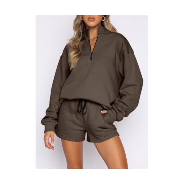 Aleumdr Women Two Piece Sweat Set 2024 Fall Clothes Outfits Fleece Long Sleeve Loose Fleece Sweatshirt with Pajamas Short Sets Casual Comfy Athletic Tracksuit Brown Large