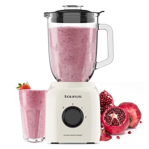 Taurus - Batidora de Vaso Optima Vintage MAX, 1500W, 21.500 rpm, Jarra Cristal 1.8L, Cuchillas Acero Inoxidable, Función Pica Hielo, 2...