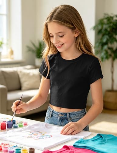 Image of Auranso Girls Crop Tops Kids Short Sleeve T-Shirts Basic Summer Tee Top