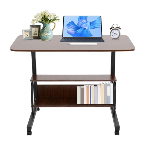 RUETERY Escritorio con ruedas, mesa de ordenador ajustable en altura con 3 niveles y ruedas, escritorio móvil para oficina en casa, oficina, mesa de ordenador, color negro y marrón, ahorra espacio con