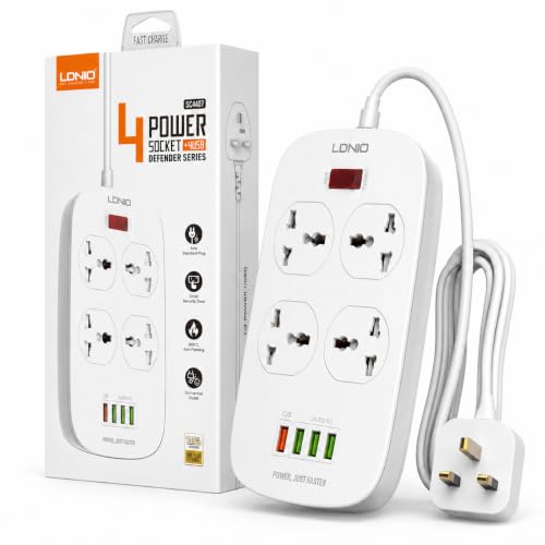 مشترك كهربائي 4 منافذ من لدنيو مع 4 USB (18 وات) سلسلة ديفندر، أبيض