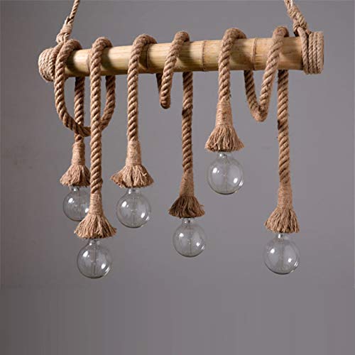 Litfad Vintage Chandelier Edison Pendant Lamp Bare Bulb Island-Light Asian Rope And Bamboo 6 Lights Ceiling Pendant Light For Kitchen Island Restaurant Bar #TOP2