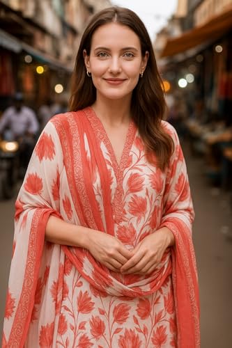 Image of Yashika Women's Cotton Blend Printed Kurta with Pant & Dupatta| Kurta with Pants and Dupatta Set