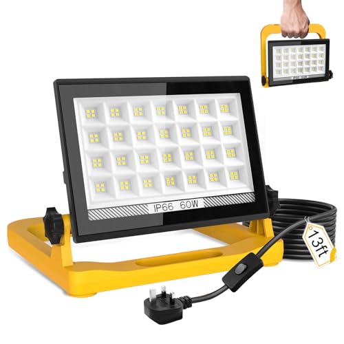 T-SUN 5400Lumen LED Work Light with Stand, 60W Floodlight with 3 Brightness Dimmable IP66 Waterproof Work Lights with 13FT Cord for Indoor Outdoor Worksite Job Site Garage