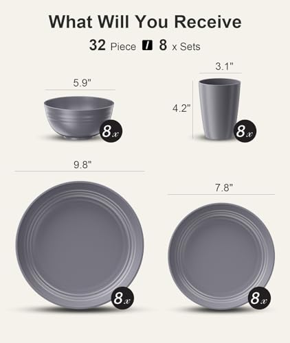 Image of Quatish 32 Piece Plates and Bowls Sets for 8, Unbreakable Dinnerware Sets, Plastic Dish Set for Camping, Dishwasher Microwave Safe, Outdoor Kitchen and Apartment Dorm Dinning RV Essentials, Grey