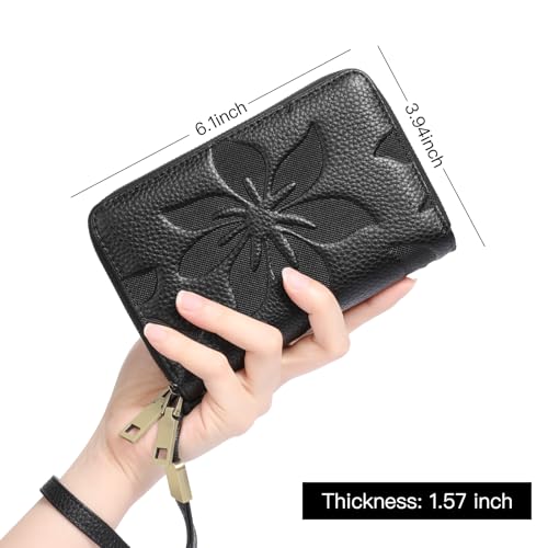 Double Zip Around Genuine Leather Wallet for Women RFID Blocking Wristlet Purse Medium Size Black (Black)2