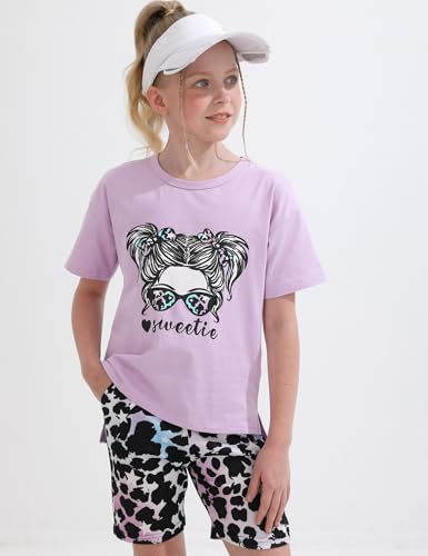 Image of mksodopy Girls Summer Clothse Graphic Print Front and Back High and Low Irregular T-shirt Cycling Shorts Set