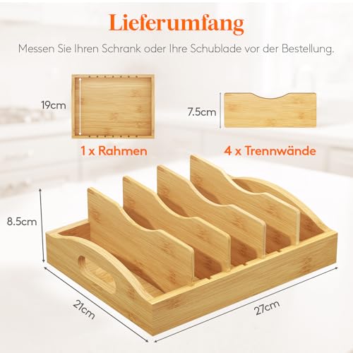 Lifewit Deckelorganizer aus Bambus für den Schrank, Verstellbarer Deckelhalter für Vorratsbehälter mit 4 Einsätzen und 5 Fächern, Küchenorganisation für Zuhause, 26,9 x 21,1 cm 2