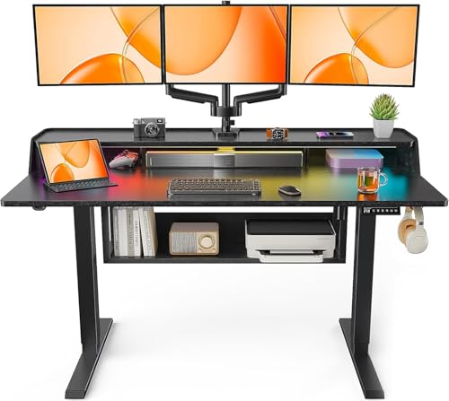Image of ErGear Electric Standing Desk, 55x28 Inch Adjustable Sit Stand Desk with Bookshelf & Monitor Stand, Standing Gaming Desk with LED Light Strip, Stand Up Desk for Home Office, Black