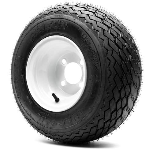 8" steel golf cart wheel with glossy white finish and Arisun turf sail tire