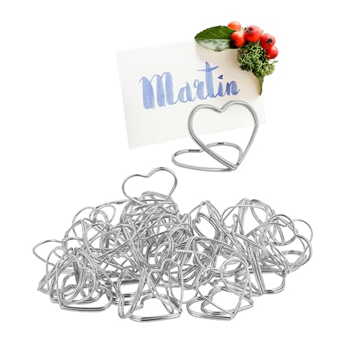 Relaxdays Set di 48 Mini Segnaposto da Tavolo, Set da 48, Portacarte a Forma di Cuore, Portafoto, Matrimonio e Battesimo, Argento, Ferro, 2,5 x 3 x 3 cm