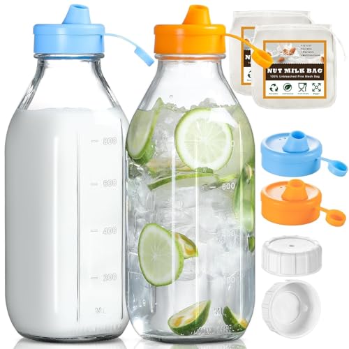 2 Pack 32 OZ Glass Milk Bottles with Lids & Bags - Price Drop