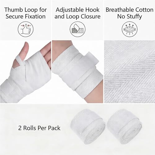 Starsouce 2 PCS White Hand Wraps Boxing, 138 Inch Wrist Brace Support Straps, Elastic MMA Wrist Wraps for Muay Thai, Kickboxing, Martial Arts Training & Sparring with Hook & Loop Closure